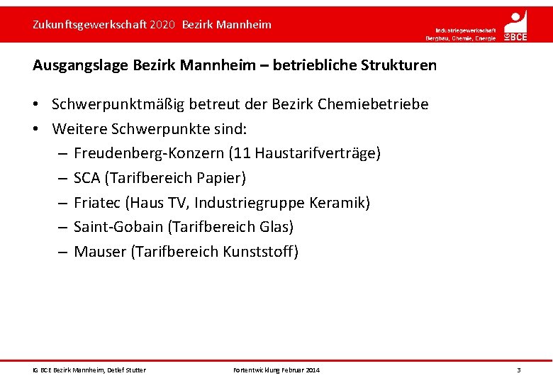Zukunftsgewerkschaft 2020 Bezirk Mannheim Ausgangslage Bezirk Mannheim – betriebliche Strukturen • Schwerpunktmäßig betreut der