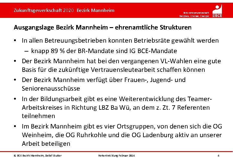 Zukunftsgewerkschaft 2020 Bezirk Mannheim Ausgangslage Bezirk Mannheim – ehrenamtliche Strukturen • In allen Betreuungsbetrieben