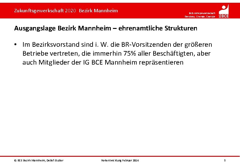Zukunftsgewerkschaft 2020 Bezirk Mannheim Ausgangslage Bezirk Mannheim – ehrenamtliche Strukturen • Im Bezirksvorstand sind