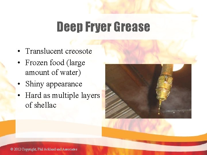 Deep Fryer Grease • Translucent creosote • Frozen food (large amount of water) •