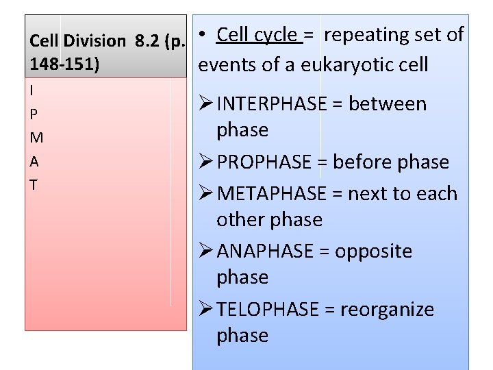 Cell Division 8. 2 (p. • Cell cycle = repeating set of 148 -151)
