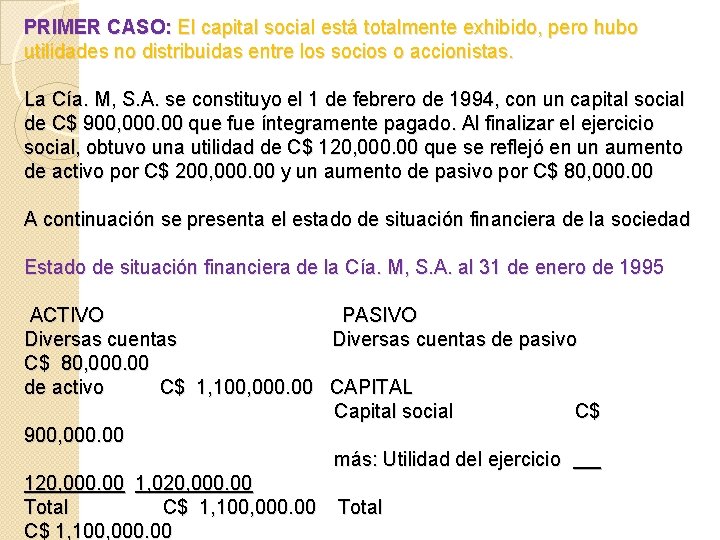 PRIMER CASO: El capital social está totalmente exhibido, pero hubo utilidades no distribuidas entre