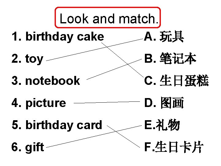 Look and match. 1. birthday cake A. 玩具 2. toy B. 笔记本 3. notebook