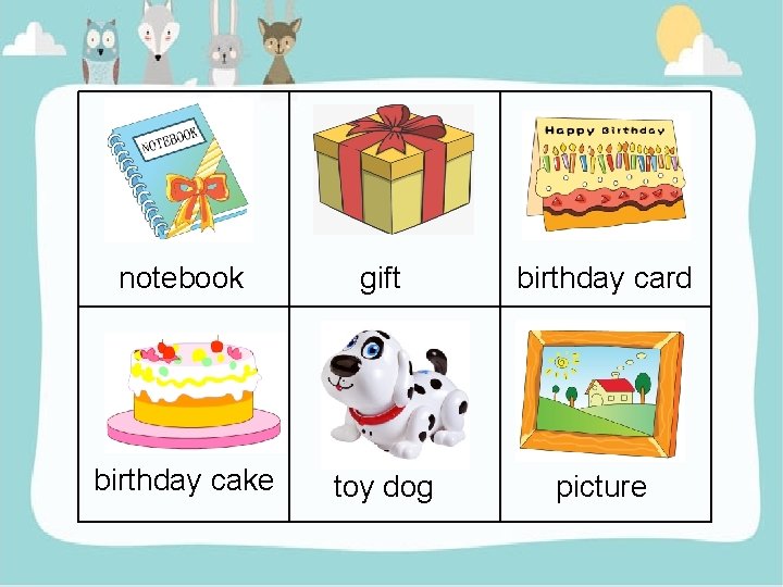 notebook gift birthday card birthday cake toy dog picture 