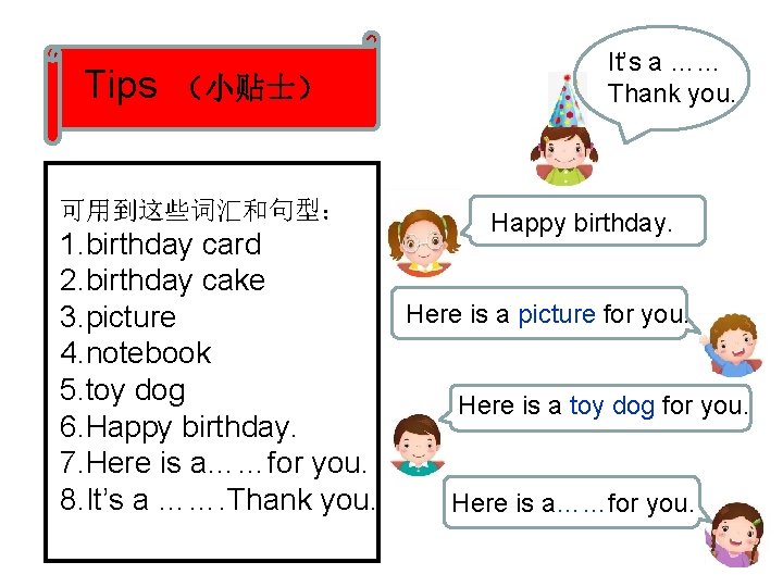 Tips （小贴士） 可用到这些词汇和句型： It’s a …… yu. Thank you. Happy birthday. 1. birthday card
