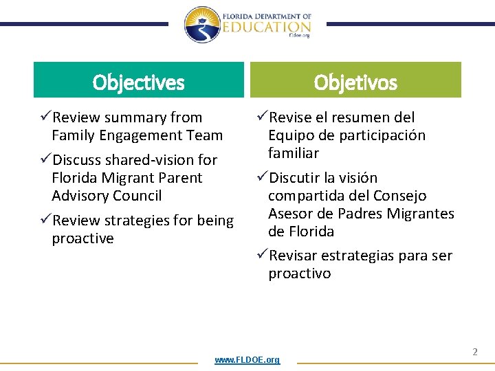 Objectives Objetivos üReview summary from Family Engagement Team üDiscuss shared-vision for Florida Migrant Parent
