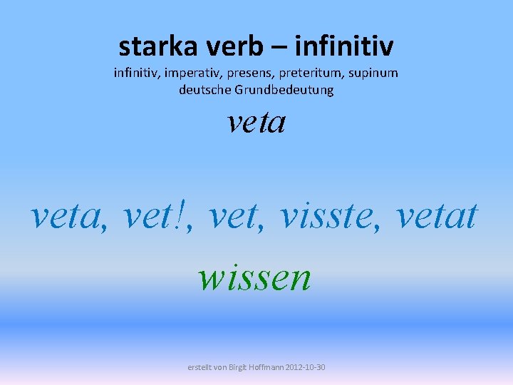 starka verb – infinitiv, imperativ, presens, preteritum, supinum deutsche Grundbedeutung veta, vet!, vet, visste,