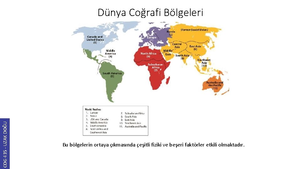 COG 435 - UZAK DOĞU Dünya Coğrafi Bölgeleri Bu bölgelerin ortaya çıkmasında çeşitli fiziki