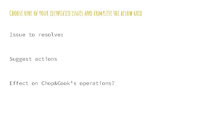 Choose one of your identified issues and complete the below grid Issue to resolve: