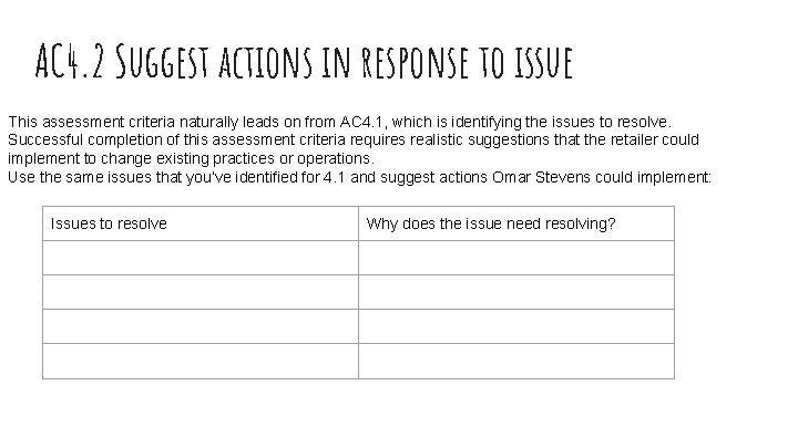 AC 4. 2 Suggest actions in response to issue This assessment criteria naturally leads