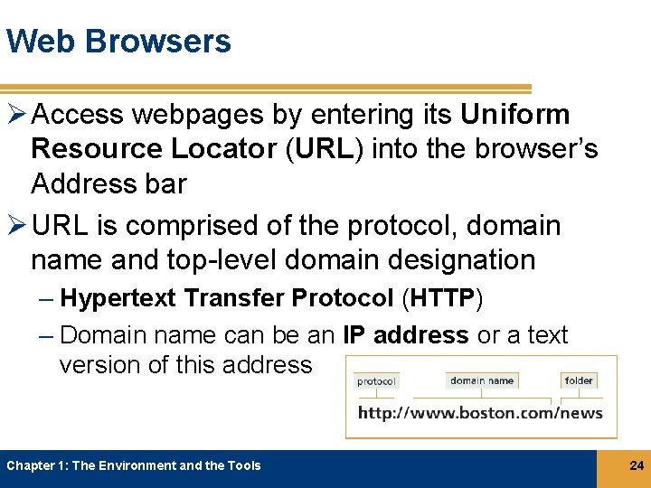 Web Browsers Ø Access webpages by entering its Uniform Resource Locator (URL) into the Web Browsers Ø Access webpages by entering its Uniform Resource Locator (URL) into the