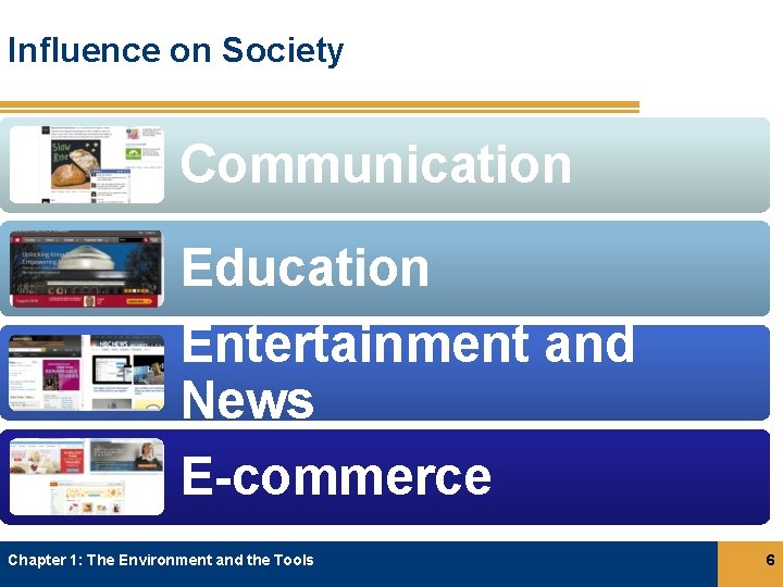 Influence on Society Communication Education Entertainment and News E-commerce Chapter 1: The Environment and Influence on Society Communication Education Entertainment and News E-commerce Chapter 1: The Environment and