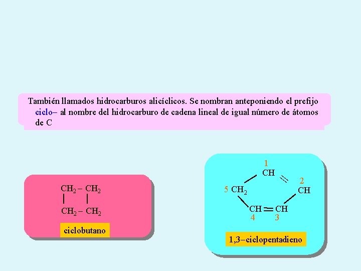 También llamados hidrocarburos alicíclicos. Se nombran anteponiendo el prefijo ciclo- al nombre del hidrocarburo