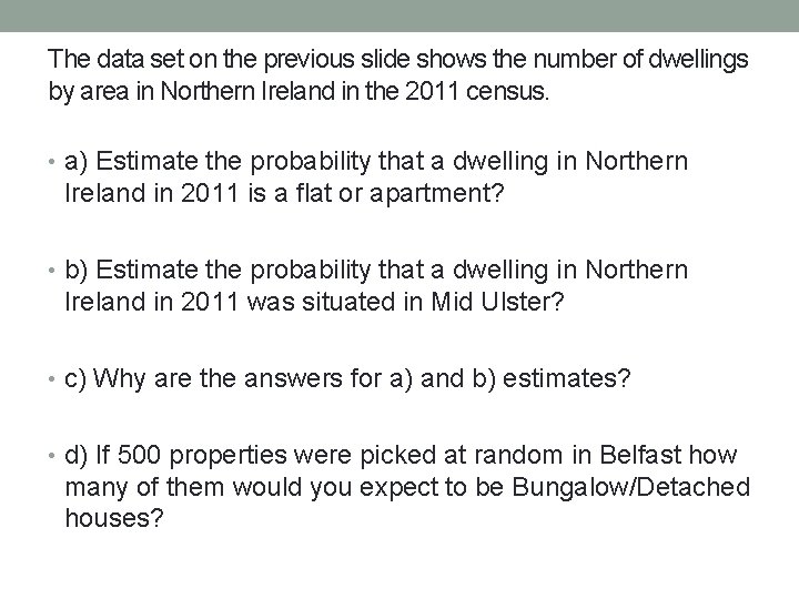 The data set on the previous slide shows the number of dwellings by area The data set on the previous slide shows the number of dwellings by area