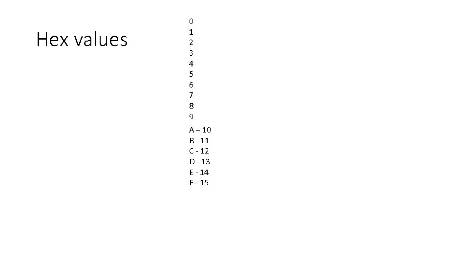 Hex values 0 1 2 3 4 5 6 7 8 9 A –