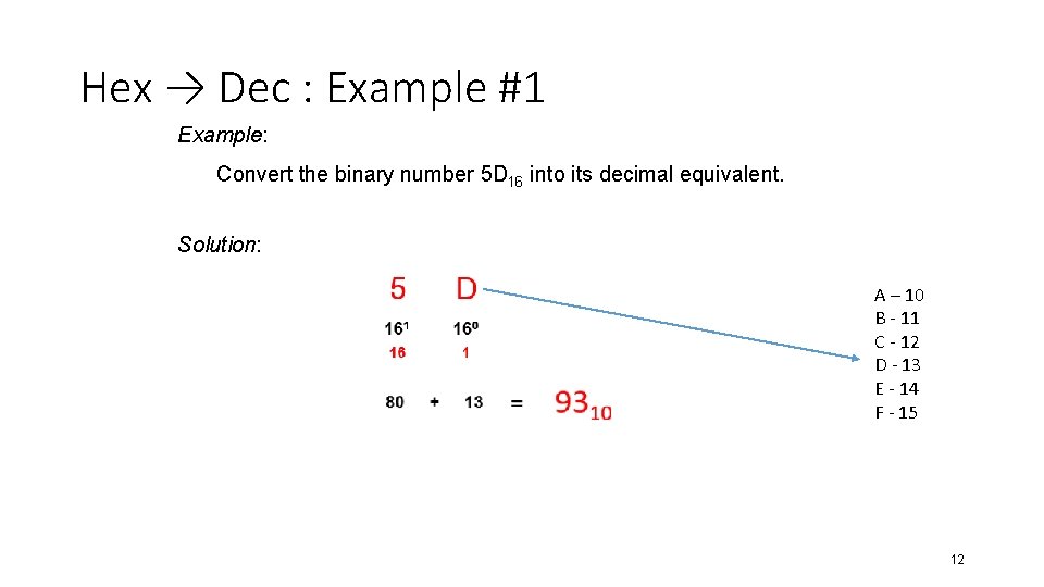 Hex → Dec : Example #1 Example: Convert the binary number 5 D 16