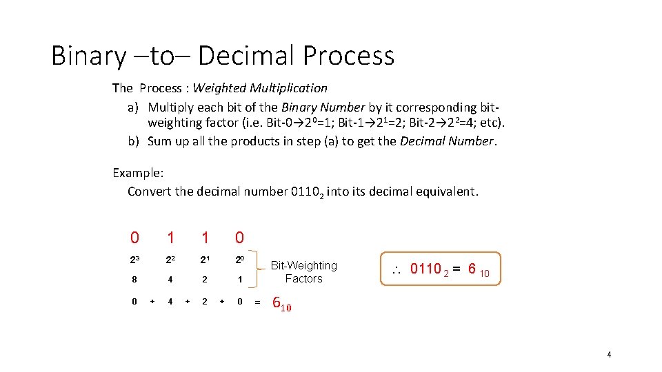 Binary ‒to‒ Decimal Process The Process : Weighted Multiplication a) Multiply each bit of