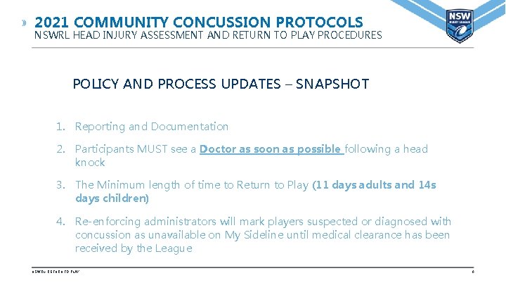 2021 COMMUNITY CONCUSSION PROTOCOLS NSWRL HEAD INJURY ASSESSMENT AND RETURN TO PLAY PROCEDURES POLICY