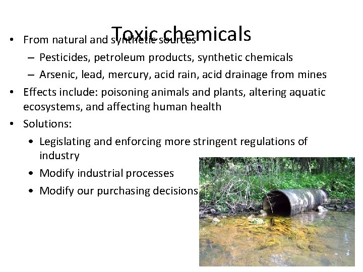 Toxic chemicals • From natural and synthetic sources – Pesticides, petroleum products, synthetic chemicals