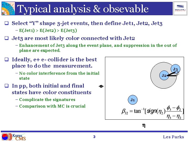 Typical analysis & obsevable q Select “Y” shape 3 -jet events, then define Jet