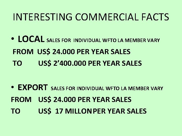 INTERESTING COMMERCIAL FACTS • LOCAL SALES FOR INDIVIDUAL WFTO LA MEMBER VARY FROM US$