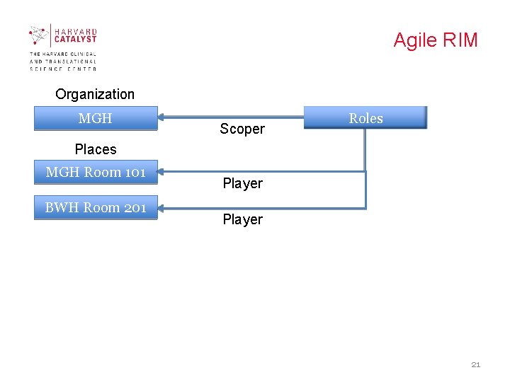 Agile RIM Organization MGH Scoper Roles Places MGH Room 101 BWH Room 201 Player