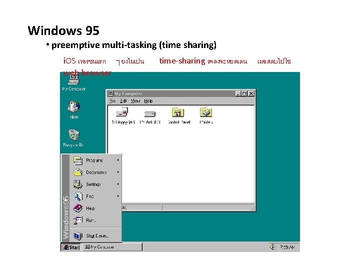 Windows 95 • preemptive multi-tasking (time sharing) i. OS เวอรชนแรก ๆ ยงไมเปน web browser