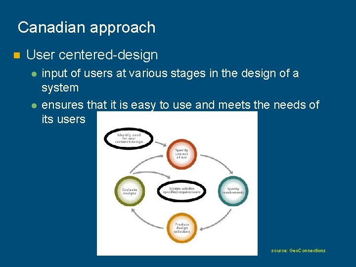 Canadian approach n User centered-design l l input of users at various stages in