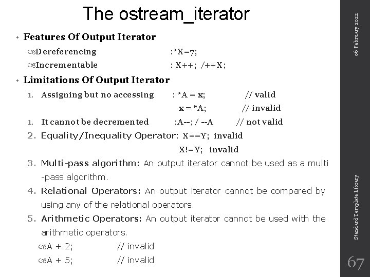  • Features Of Output Iterator Dereferencing : *X=7; Incrementable : X++; /++X; Limitations