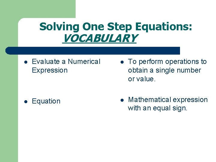 Solving One Step Equations: VOCABULARY l Evaluate a Numerical Expression l To perform operations Solving One Step Equations: VOCABULARY l Evaluate a Numerical Expression l To perform operations