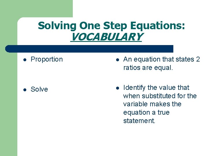 Solving One Step Equations: VOCABULARY l Proportion l An equation that states 2 ratios Solving One Step Equations: VOCABULARY l Proportion l An equation that states 2 ratios