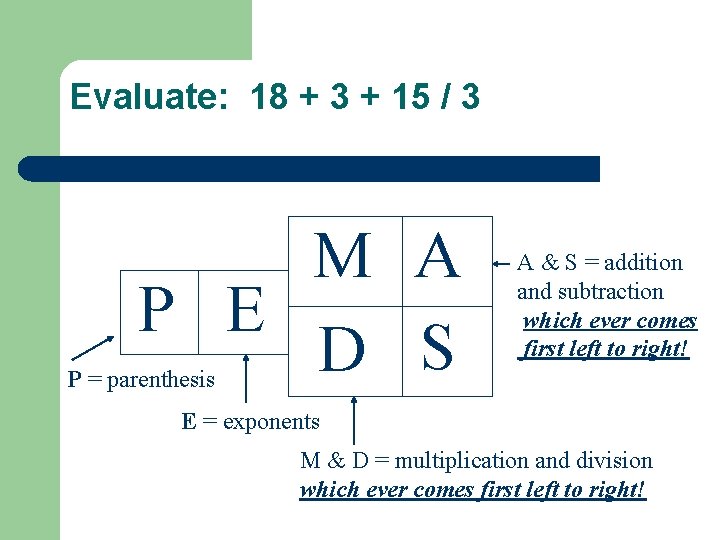 Evaluate: 18 + 3 + 15 / 3 M A P E D S Evaluate: 18 + 3 + 15 / 3 M A P E D S