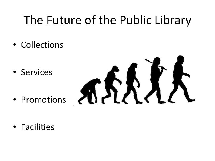 The Future of the Public Library • Collections • Services • Promotions • Facilities