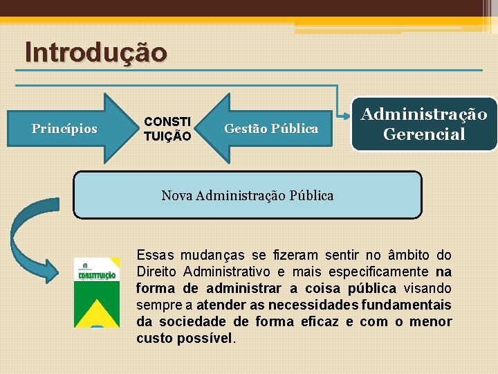 Introdução Princípios CONSTI TUIÇÃO Gestão Pública Administração Gerencial Nova Administração Pública Essas mudanças se