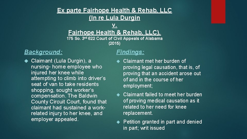 Ex parte Fairhope Health & Rehab, LLC (In re Lula Durgin v. Fairhope Health