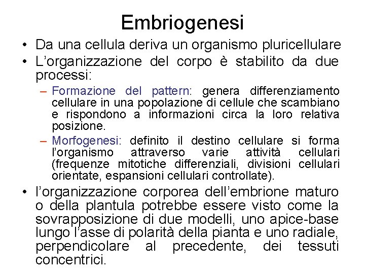 Embriogenesi • Da una cellula deriva un organismo pluricellulare • L’organizzazione del corpo è