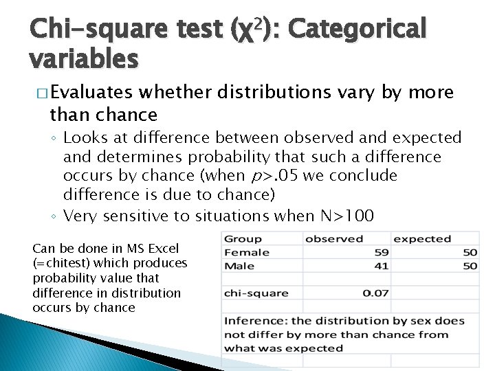 Chi-square test (χ2): Categorical variables � Evaluates whether distributions vary by more than chance
