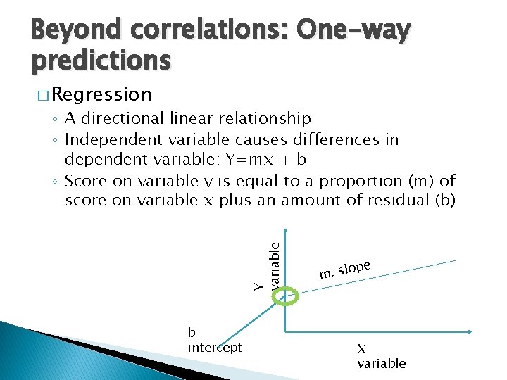Beyond correlations: One-way predictions � Regression Y variable ◦ A directional linear relationship ◦