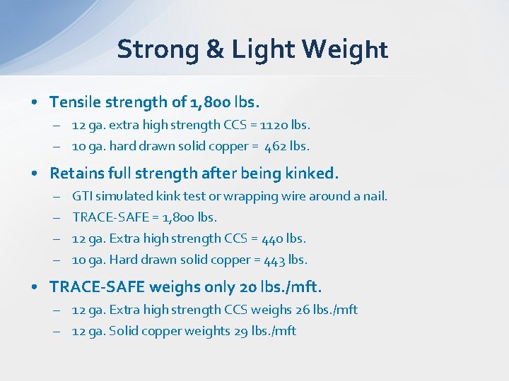 Strong & Light Weight • Tensile strength of 1, 800 lbs. – 12 ga.