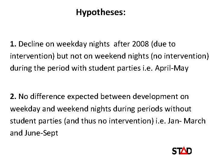 Hypotheses: 1. Decline on weekday nights after 2008 (due to intervention) but not on
