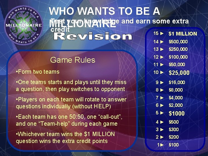 WHO WANTS TO BE A Test your knowledge and earn some extra MILLIONAIRE credit