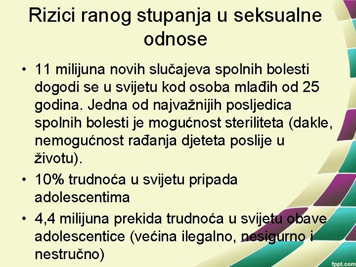 Rizici ranog stupanja u seksualne odnose • 11 milijuna novih slučajeva spolnih bolesti dogodi