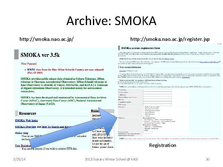 Archive: SMOKA http: //smoka. nao. ac. jp/register. jsp Registration 2/25/14 2013 Subaru Winter School