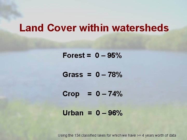 Land Cover within watersheds Forest = 0 – 95% Grass = 0 – 78%