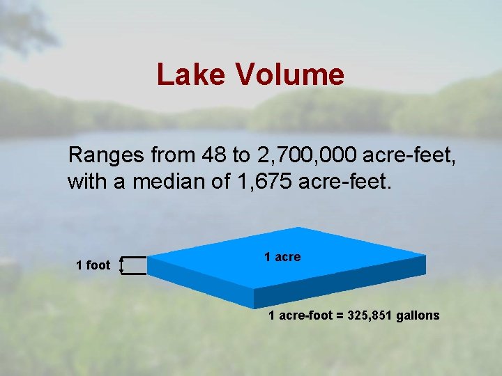 Lake Volume Ranges from 48 to 2, 700, 000 acre-feet, with a median of