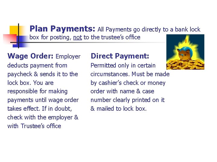 Plan Payments: All Payments go directly to a bank lock box for posting, not
