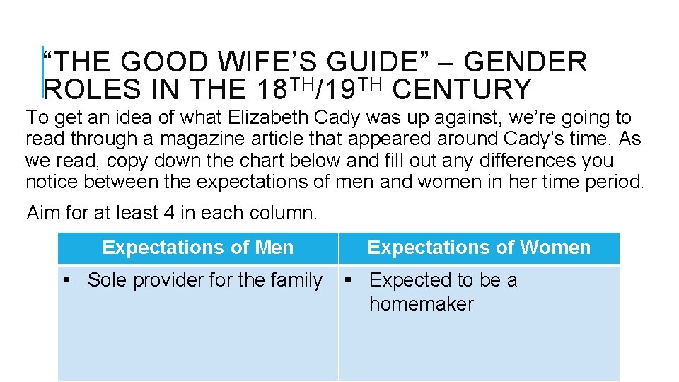 “THE GOOD WIFE’S GUIDE” – GENDER ROLES IN THE 18 TH/19 TH CENTURY To
