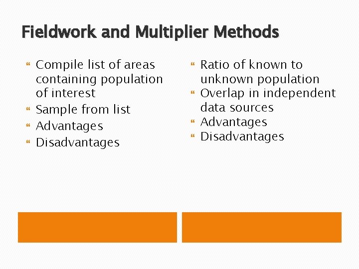 Fieldwork and Multiplier Methods Compile list of areas containing population of interest Sample from