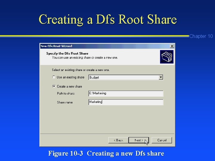 Creating a Dfs Root Share Chapter 10 Figure 10 -3 Creating a new Dfs Creating a Dfs Root Share Chapter 10 Figure 10 -3 Creating a new Dfs