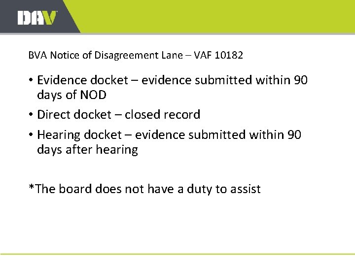 BVA Notice of Disagreement Lane – VAF 10182 • Evidence docket – evidence submitted